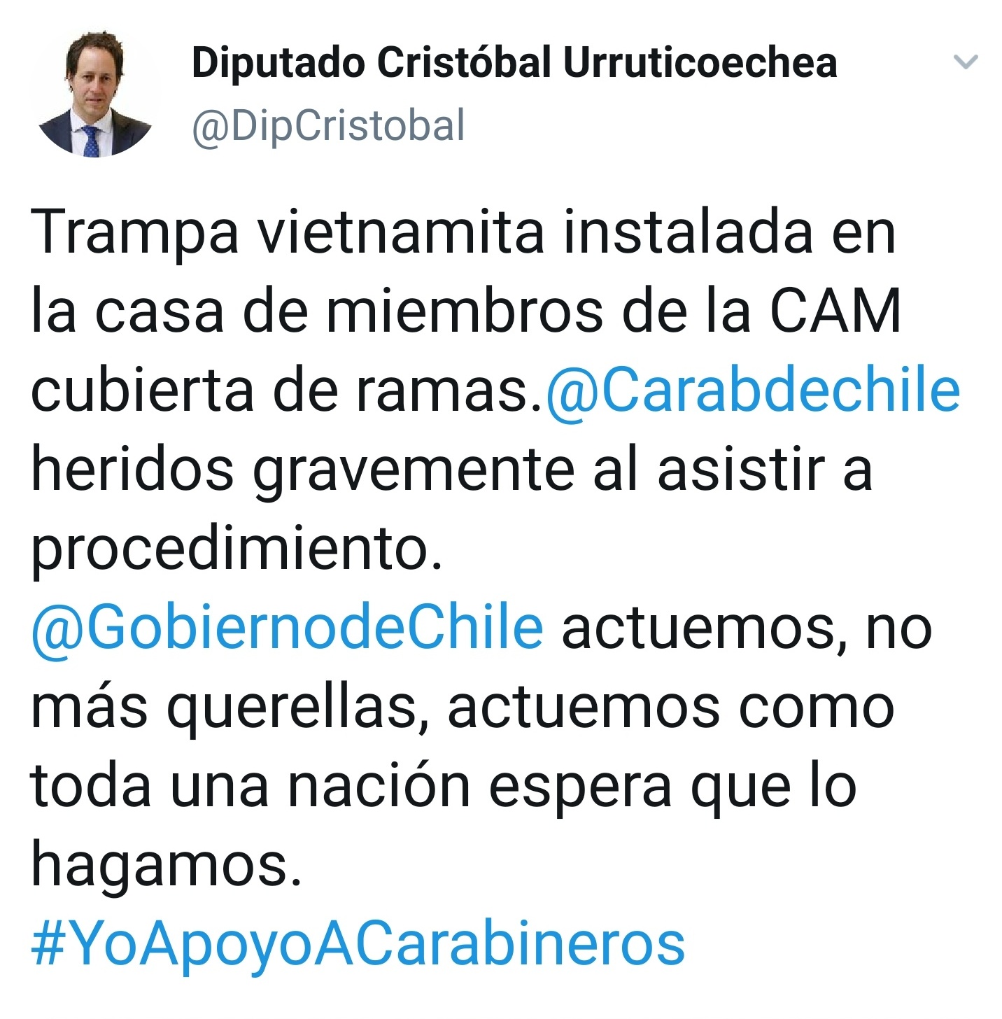 Noticias Chile | Diputado Urruticoechea: Acusó que con una ‘trampa vietnamita’ mapuches atacaron a carabineros en el sur de Chile